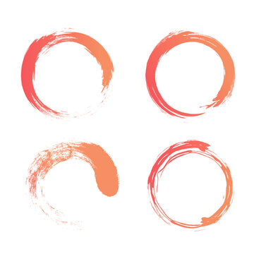Hand drawn circle brush set. Orange enso zen stamp. Seal, ink or paintbrush design template. Grunge round shape. Vector illustration