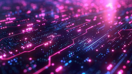 Abstract futuristic circuit board with glowing pink and blue lines and dots.