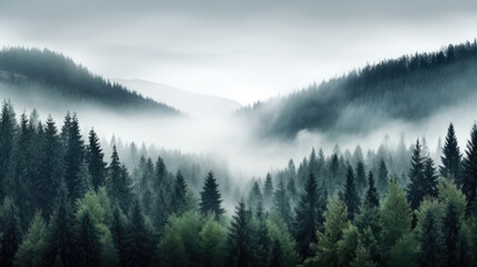 Amazing mystical rising fog black forest trees woods landscape panorama banner - Dark mood, Generative AI