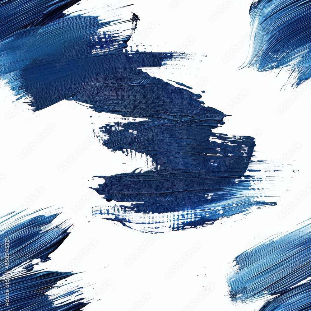 Poster This image shows abstract brushstrokes of blue paint on a white background. The strokes are made with a thick brush and create a textured, dynamic effect. The colors are vibrant and the composition is