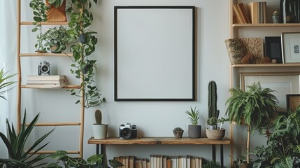 Cozy Scandinavian living room showcasing a black poster frame, light wood shelf with cacti, minimalist plants, books, a retro camera, and a clean ladder, perfect for a minimalist aesthetic