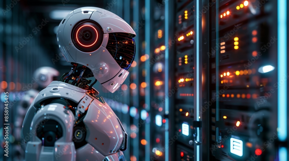 Poster cutting-edge robot performing maintenance in a data center, dramatic lighting highlighting the high-