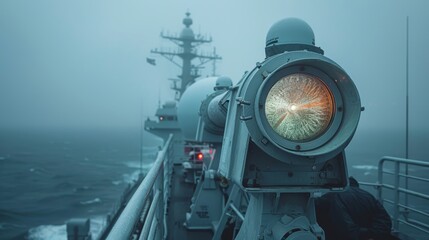 Cutting-edge radar system on a naval ship conducting air surveillance, close-up of radar array, officers in communication, expansive sea, gray skies, strategic monitoring