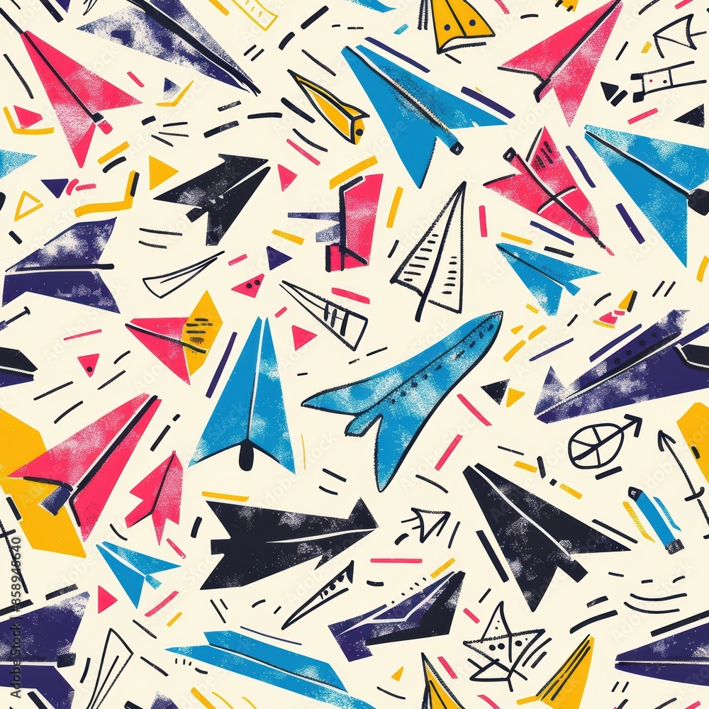 Poster A colorful pattern of paper airplanes and other shapes. The image is a playful and whimsical representation of the concept of flight