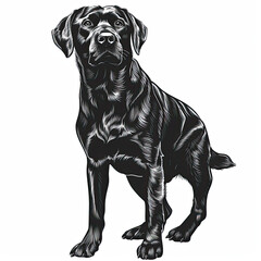 A black and white drawing of a labrador retriever dog
