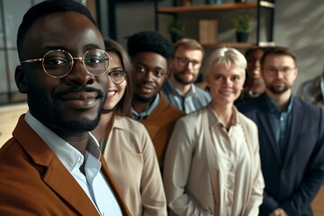 Obraz premium Portrait group of multiethnic business person looking at camera in the office. Togetherness, teamwork and DEIB concept.