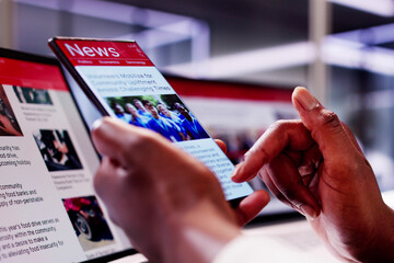 African American Woman Reading Online News on Smartphone and Laptop: Keeping Up