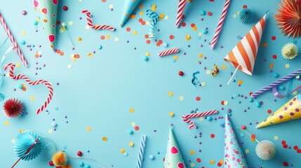Birthday party caps, blowers, and paper straws on blue background - festive celebration decorations for a happy birthday party