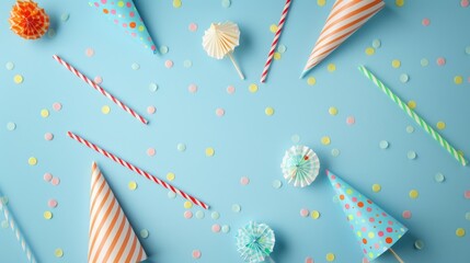Fototapeta premium Birthday party caps, blowers, and paper straws on blue background - festive celebration decorations for a happy birthday party