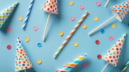 Obraz premium Birthday party caps, blowers, and paper straws on blue background - festive celebration decorations for a happy birthday party