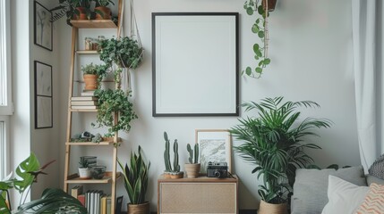 Elegant Scandinavian living room decor, featuring a black poster frame, light wood shelf with cacti, minimalist plants, books, retro camera, and a clean ladder for a modern touch