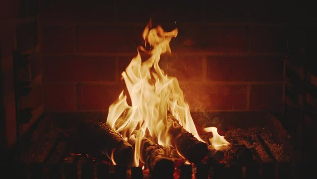 Burning bonfire in the fireplace. Looping fire background