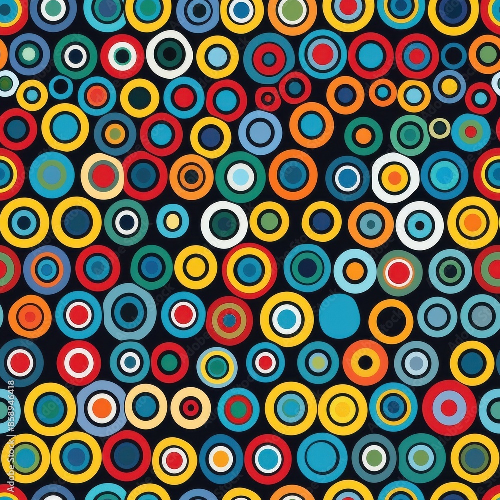Aufkleber A digital illustration featuring a pattern of various colored circles on a black background. The circles are layered and overlapping, creating a dynamic visual effect. The colors used in the illustrat
