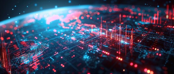 Abstract futuristic city glowing with red and blue lights.