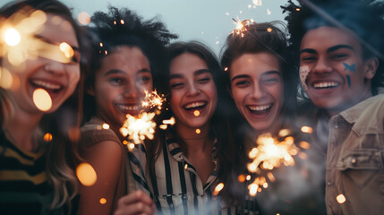 group of friends celebrating outdoors with fireworks, Ai generated Images