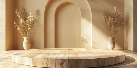 Minimalist Wooden Platform with Beige Background