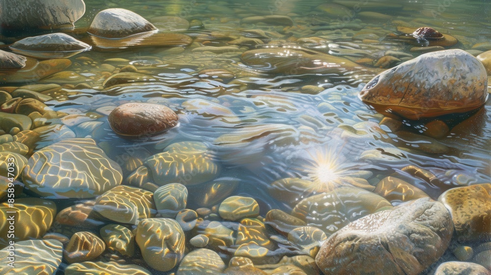 Poster a painting of a river with rocks in it. the water is calm and the sun is shining on it