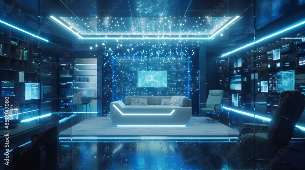 Poster a home office where all devices and applications are linked and accessible through the 5g network al