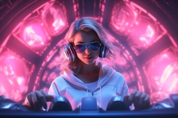 Beautiful young woman dj playing music at the nightclub with lights and smoke