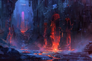 Ruined City with Glowing Red Arches