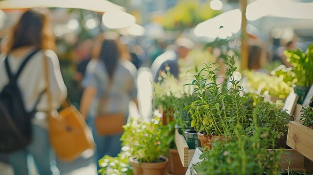 Blurry figures browsing through stalls of fresh herbs and homemade jams at an urban farmers market.