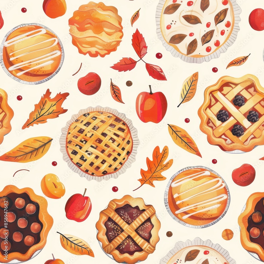 Poster A pattern of pies and apples with leaves scattered around. The pies are of different sizes and shapes, and the apples are placed in various positions. Scene is warm and inviting