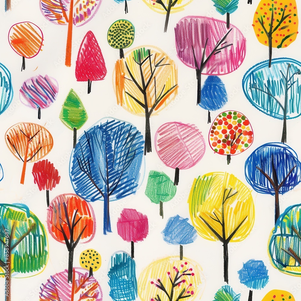 Poster This image features a vibrant, hand-drawn pattern of various colored trees. The trees are all drawn with simple lines and shapes, and they are arranged in a random, overlapping pattern. The background