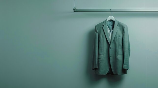 A suit hanging on a rack in a room.