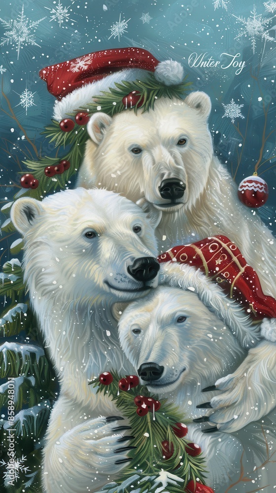 Poster three polar bears are wearing red hats and holding a christmas tree branch. the bears are surrounded