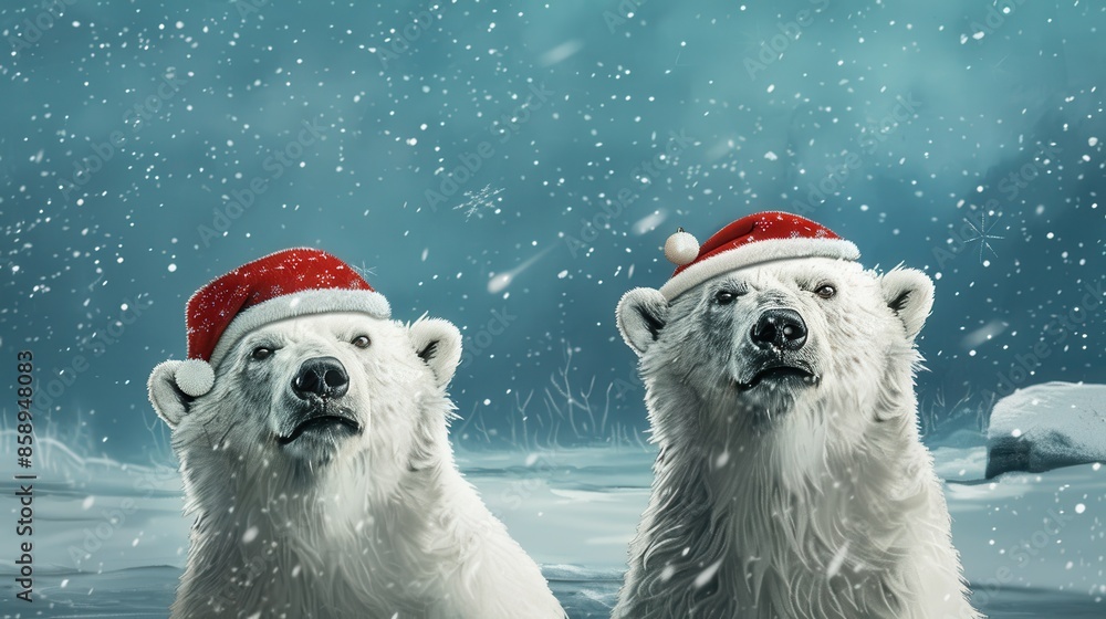 Poster two polar bears wearing red hats and smiling at the camera. scene is cheerful and festive, as it is 