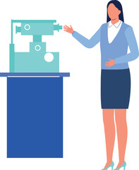 The girl is pointing to the eye testing machine.