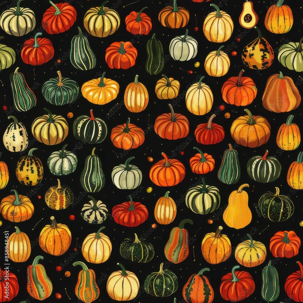 Poster a black and white image of many different colored pumpkins. the image is a collection of various typ