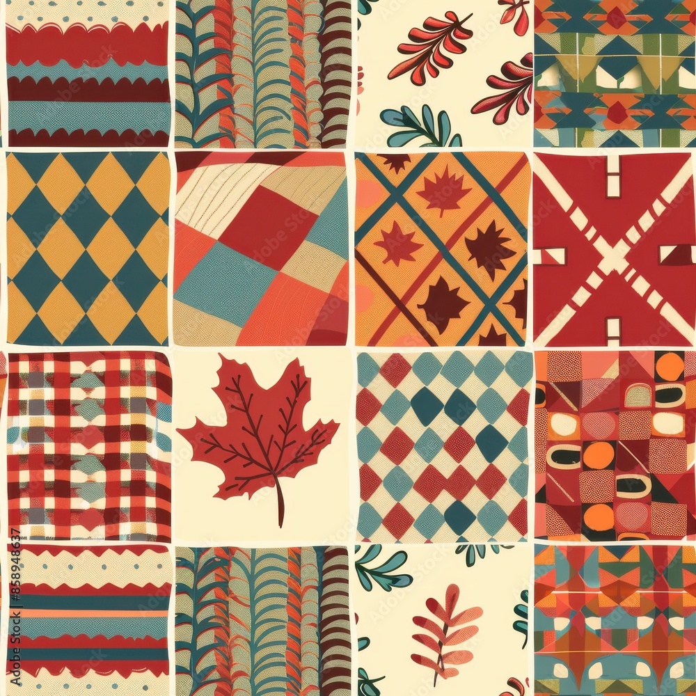 Poster a collage of various patterns and colors, including a leaf and a checkered design. scene is cheerful