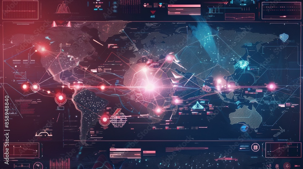 Poster A computer screen shows a map of the world with many lines and dots. The map is filled with red and blue colors, and it looks like a futuristic world. Scene is futuristic and technological