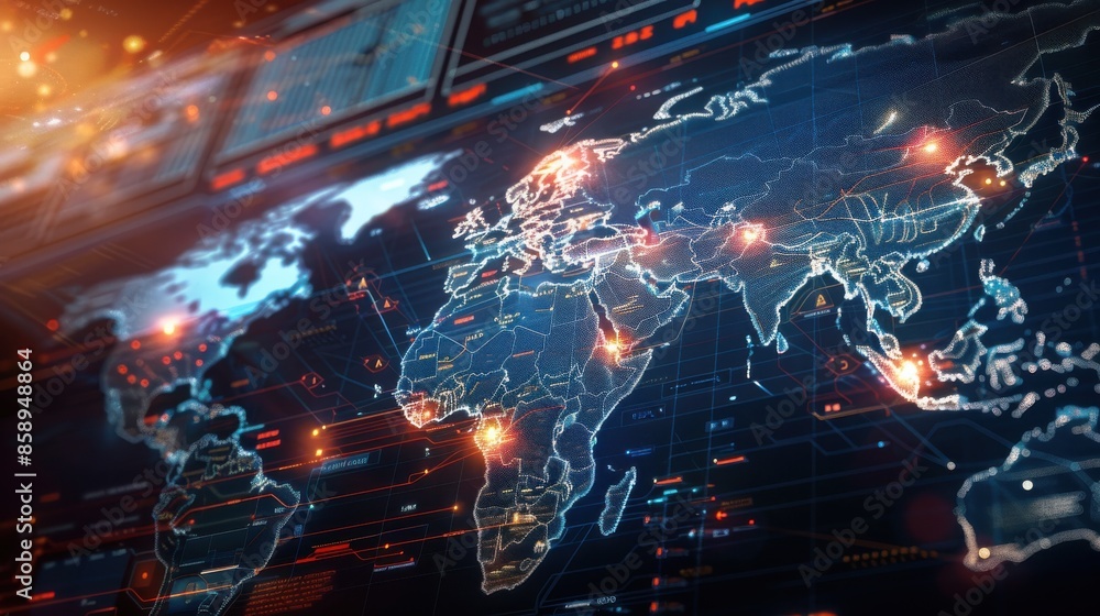 Poster a computer screen shows a map of the world with many dots on it. the dots represent various location