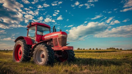 Fototapeta premium Red tractor in the field