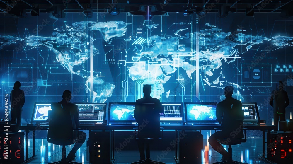 Poster a group of people are sitting at computer monitors in front of a large screen that shows a map of th