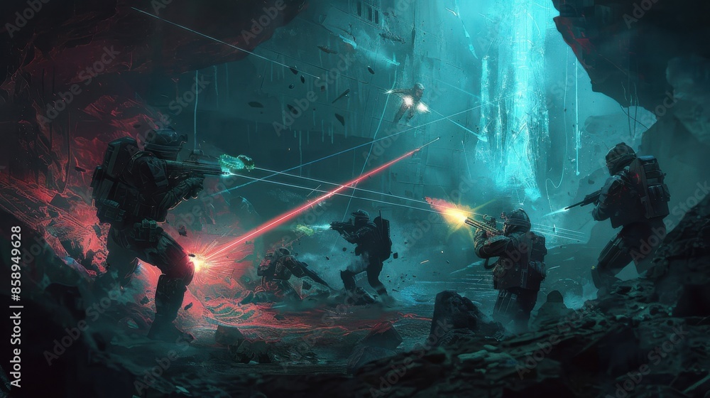 Poster a group of soldiers are fighting in a post apocalyptic world. the soldiers are armed with guns and a