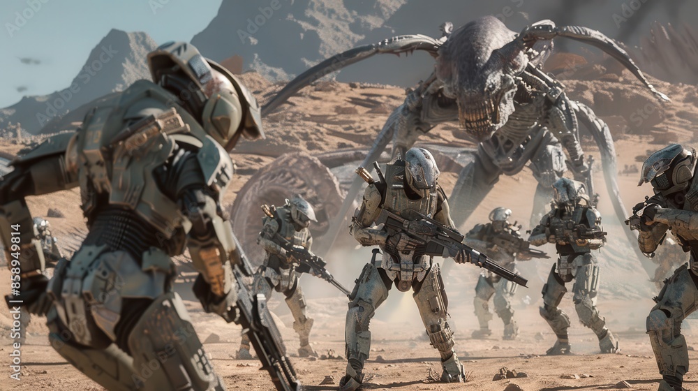 Poster a group of soldiers are fighting a giant monster in a desert. the soldiers are equipped with guns an