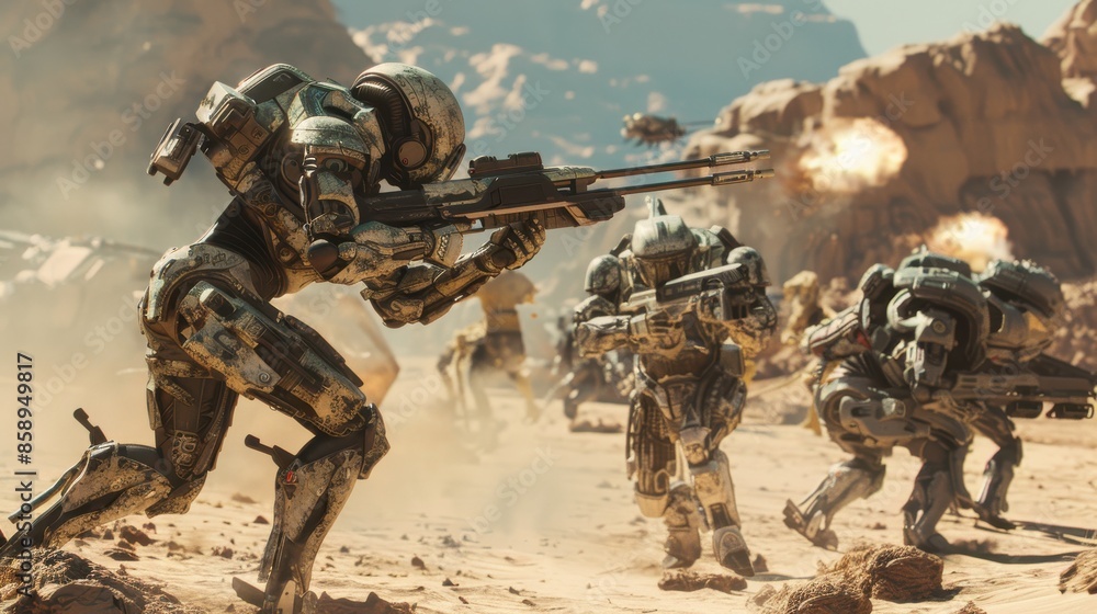 Poster a group of soldiers are in a desert, with one of them holding a gun. scene is intense and action-pac