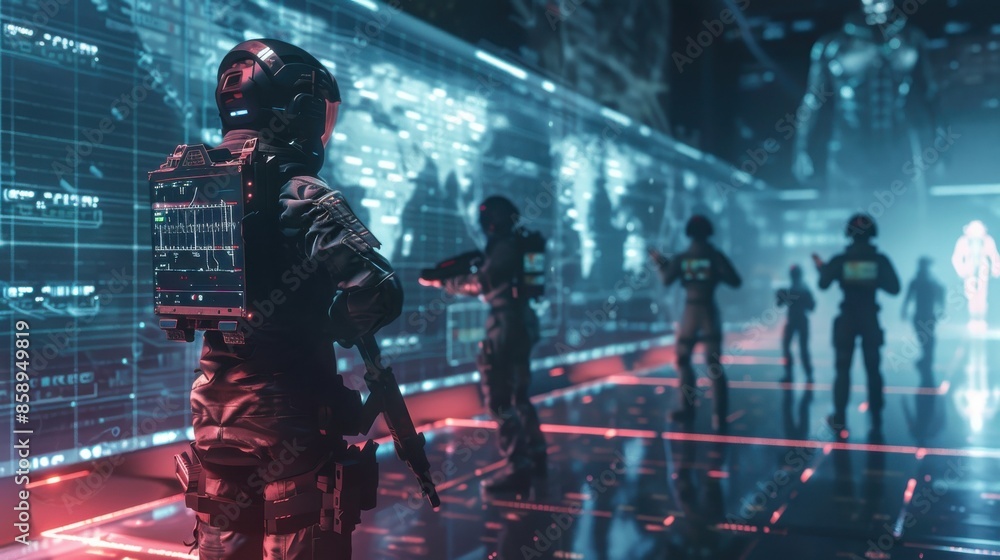 Aufkleber A group of soldiers are standing in front of a computer screen with a map of the world. The soldiers are wearing backpacks and holding guns. Scene is tense and serious