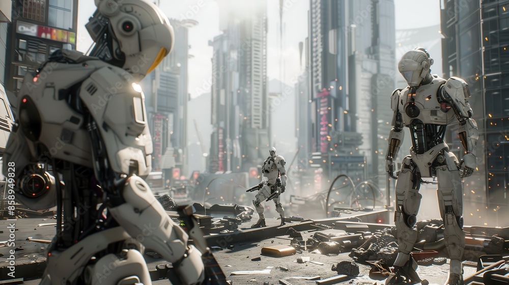 Poster a group of robots are fighting in a city. the robots are white and have a futuristic look. the city 