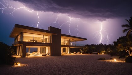 Powerful lightning storm front passes over residential houses