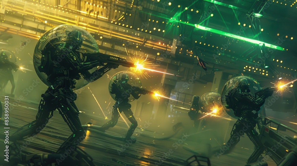 Aufkleber A group of robots are fighting in a futuristic city. The robots are armed with guns and are in the middle of a battle. Scene is intense and action-packed