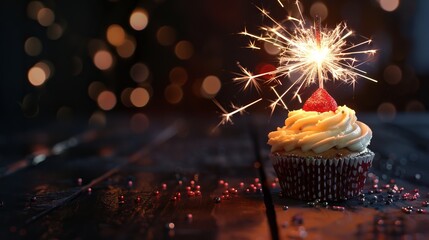 Festive birthday cupcake with sparkler and colorful sprinkles on elegant table setting, perfect for celebratory occasions and greeting card designs