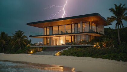 Fototapeta premium Powerful lightning storm front passes over residential houses