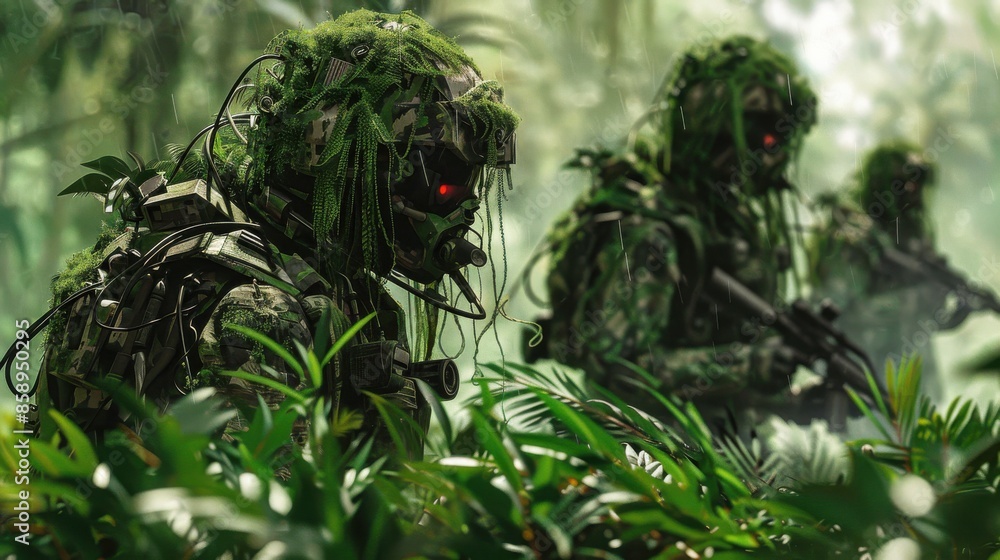 Poster three soldiers are in a jungle, with one of them wearing a green helmet. the soldiers are equipped w