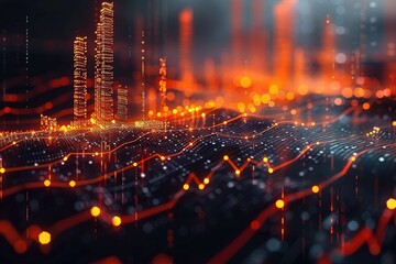 Fototapeta premium Abstract futuristic cityscape with glowing lines and data points, representing technological advancement and digital growth.