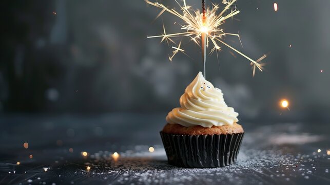 Festive birthday cupcake with sparkler and colorful sprinkles on elegant table setting, perfect for celebratory occasions and greeting card designs