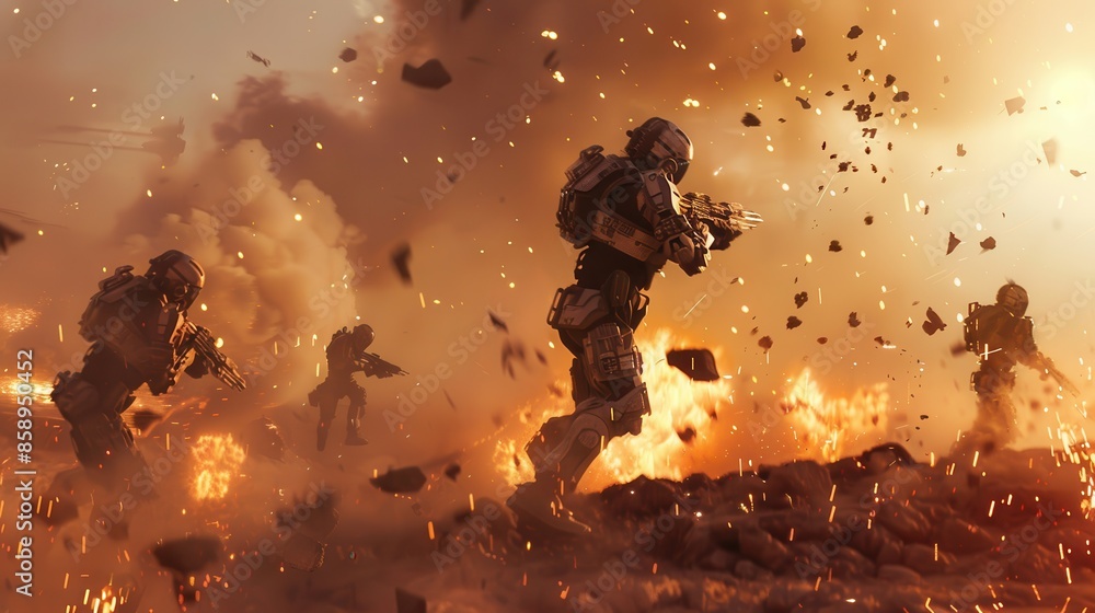 Poster A group of soldiers are running through a battlefield with smoke and debris in the air. Scene is intense and chaotic, as the soldiers are in the midst of a battle